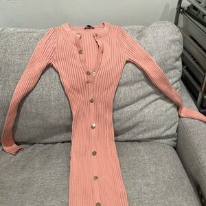 Pink Ribbed Button-Up Dress